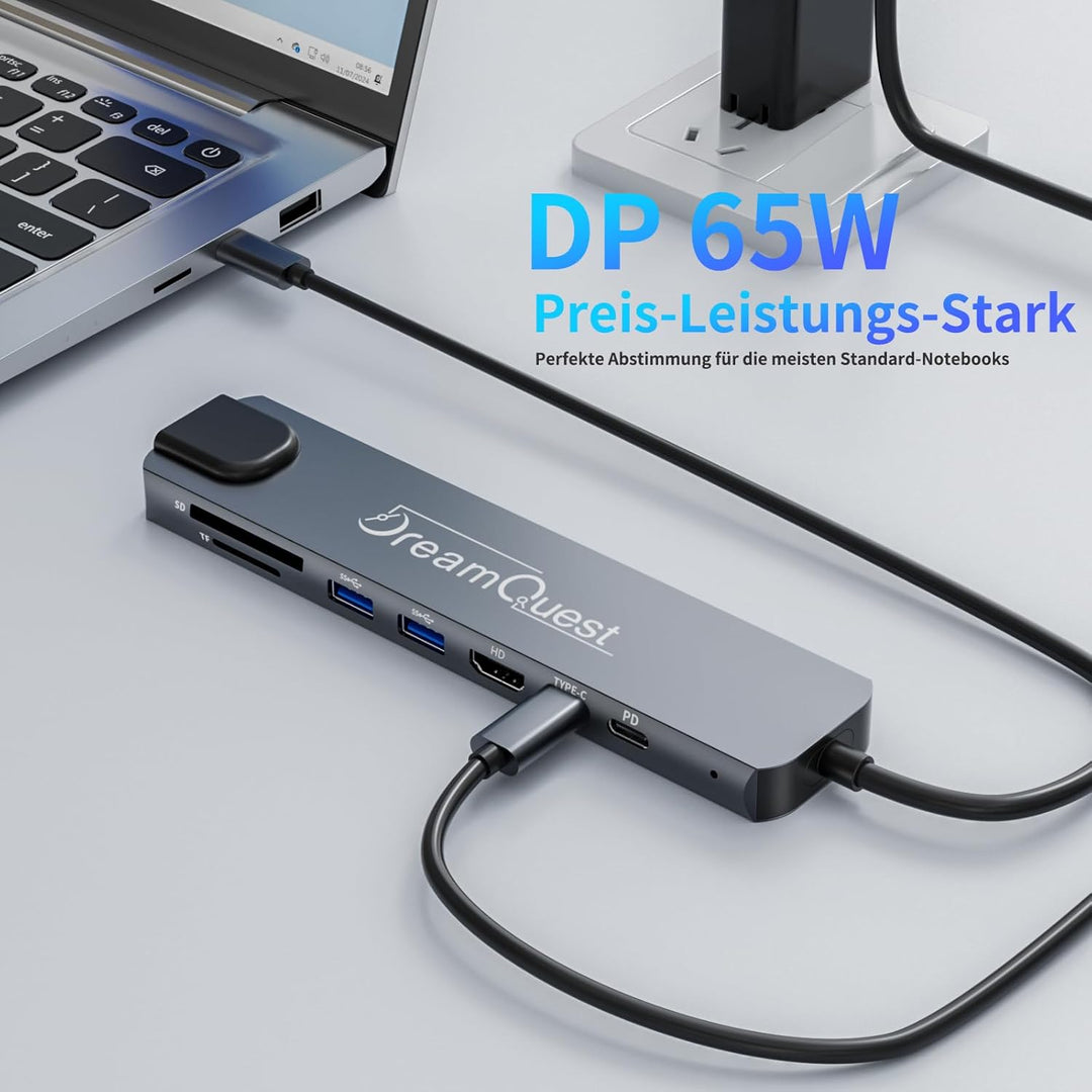 DreamQuest USB-C Hub 8-in-1 mit 100Mbps LAN-Anschluss, 4K HDMI, PD 65W, USB 3.0/2.0, SD/TF Kartenles