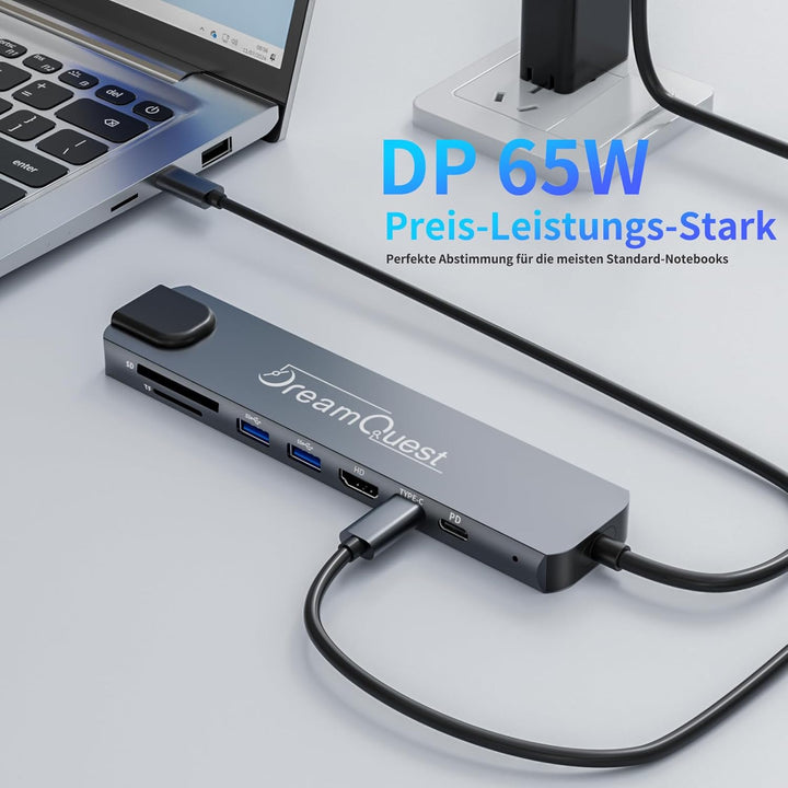 DreamQuest USB-C Hub 8-in-1 mit 100Mbps LAN-Anschluss, 4K HDMI, PD 65W, USB 3.0/2.0, SD/TF Kartenles