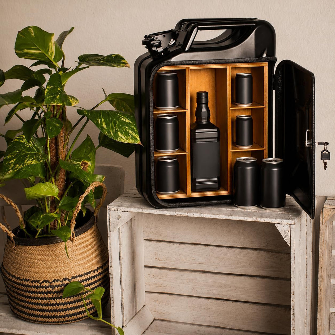 20L Kanister Bar inkl. 3 Whisky Gläser- Jerrycan 4 Herausnehmbaren Fächern schwarzer Metall Mobile B