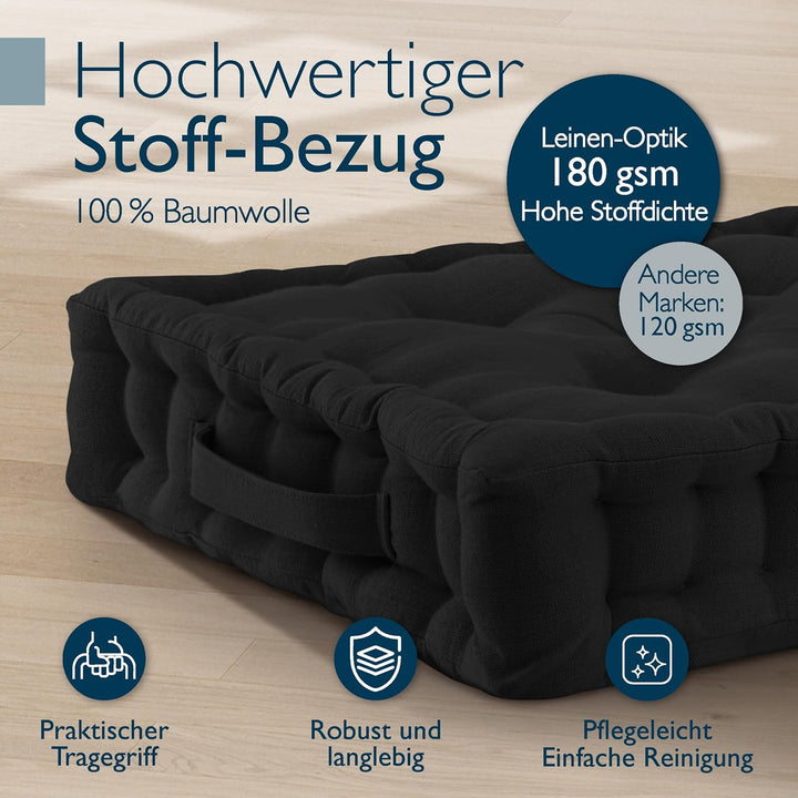 Beautissu Bodenkissen Sitzkissen Dickes Matratzenkissen mit Tragegriff | 50x50cm 10cm 100% Baumwolle