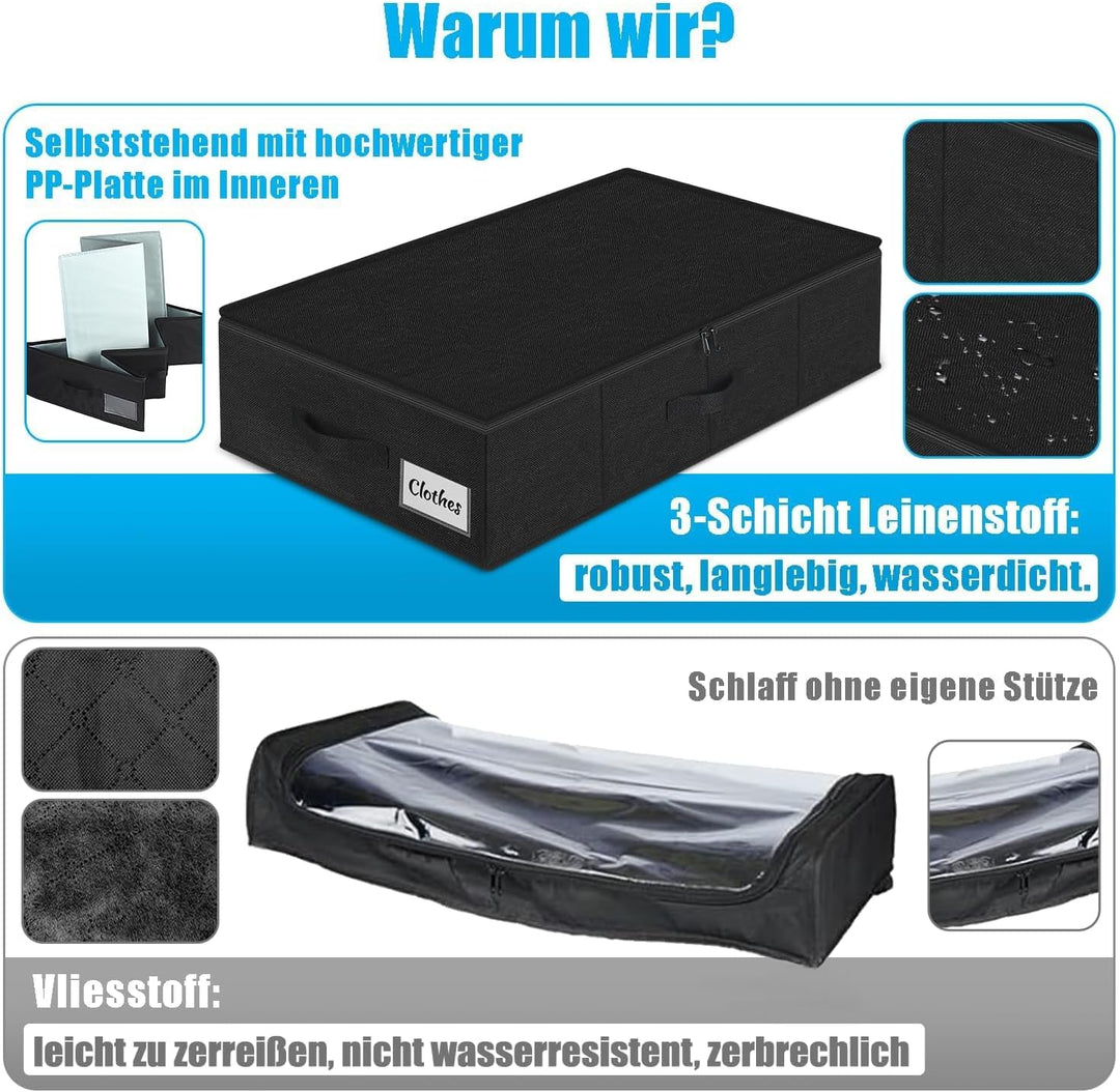 Unterbett Aufbewahrungsbox mit Deckel, 2 Stück Faltbar Unterbettkommode, Waschbar Kleideraufbewahrun