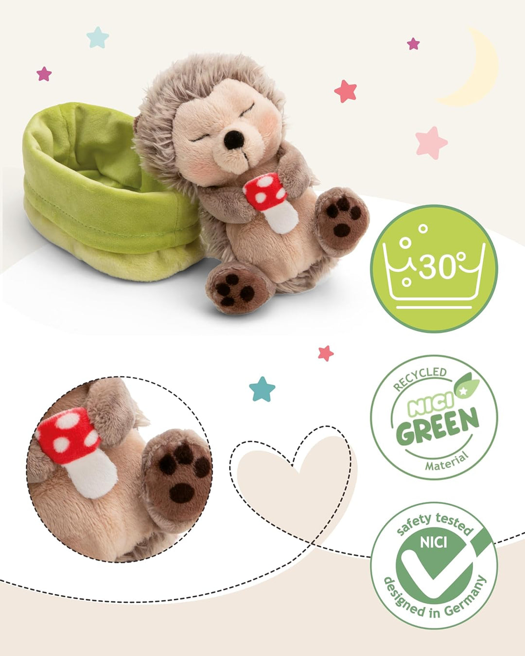 NICI Kuscheltier Igel mit Fliegenpilz schlafend im Körbchen - braun - Stofftier aus weichem Plüsch,