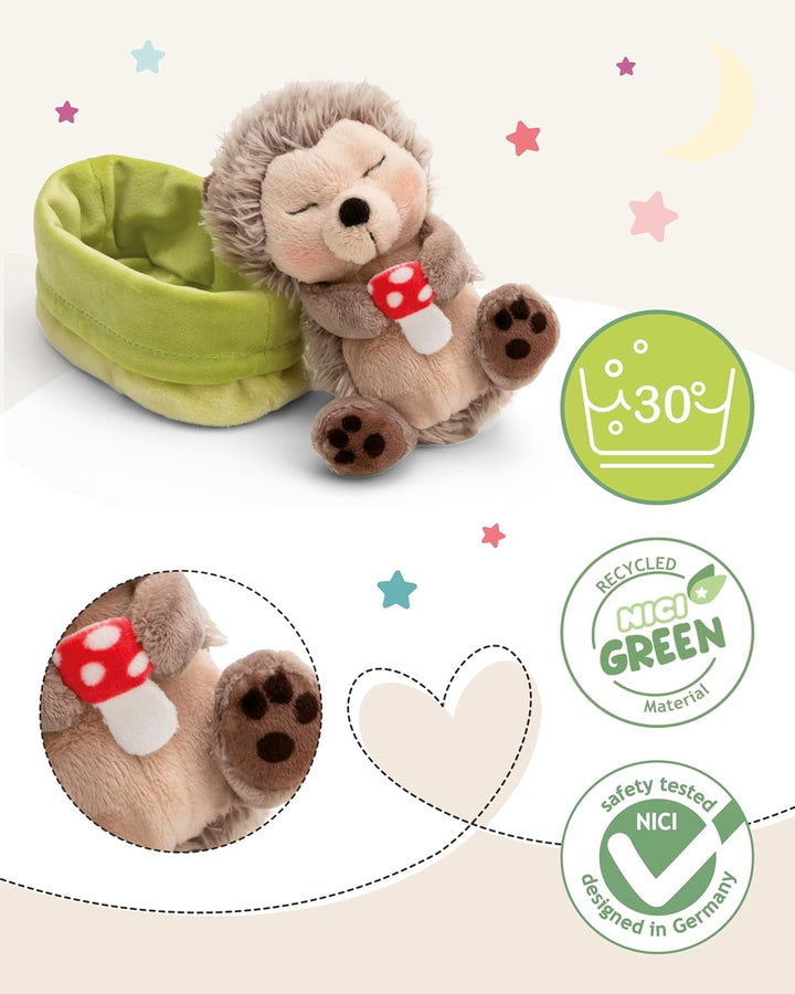 NICI Kuscheltier Igel mit Fliegenpilz schlafend im Körbchen - braun - Stofftier aus weichem Plüsch,