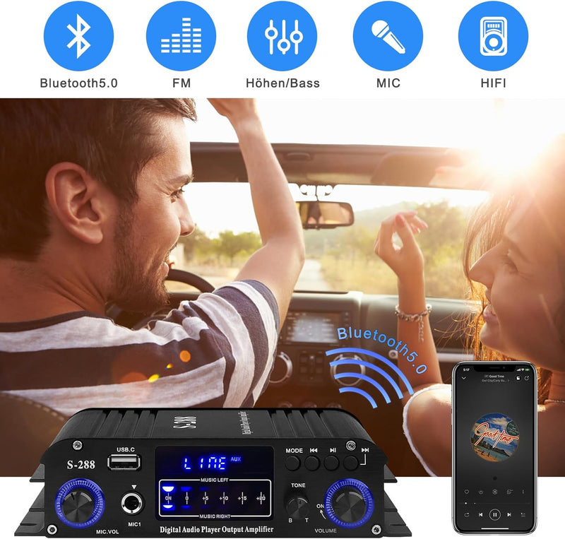 HiFi Verstärker S-288 600W Mini Bluetooth Stereo Audio Verstärker Receiver 12V/ 220V 4 Kanäle Digita