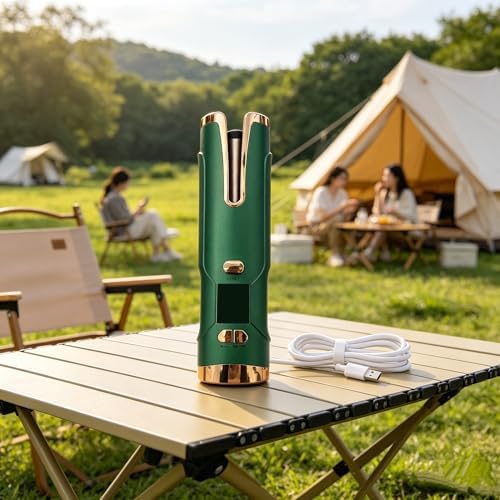 Lockenstab Automatisch, Kabelloser Akku-betrieben für Outdoor Reisen und Unterwegs, Schnell Aufheize