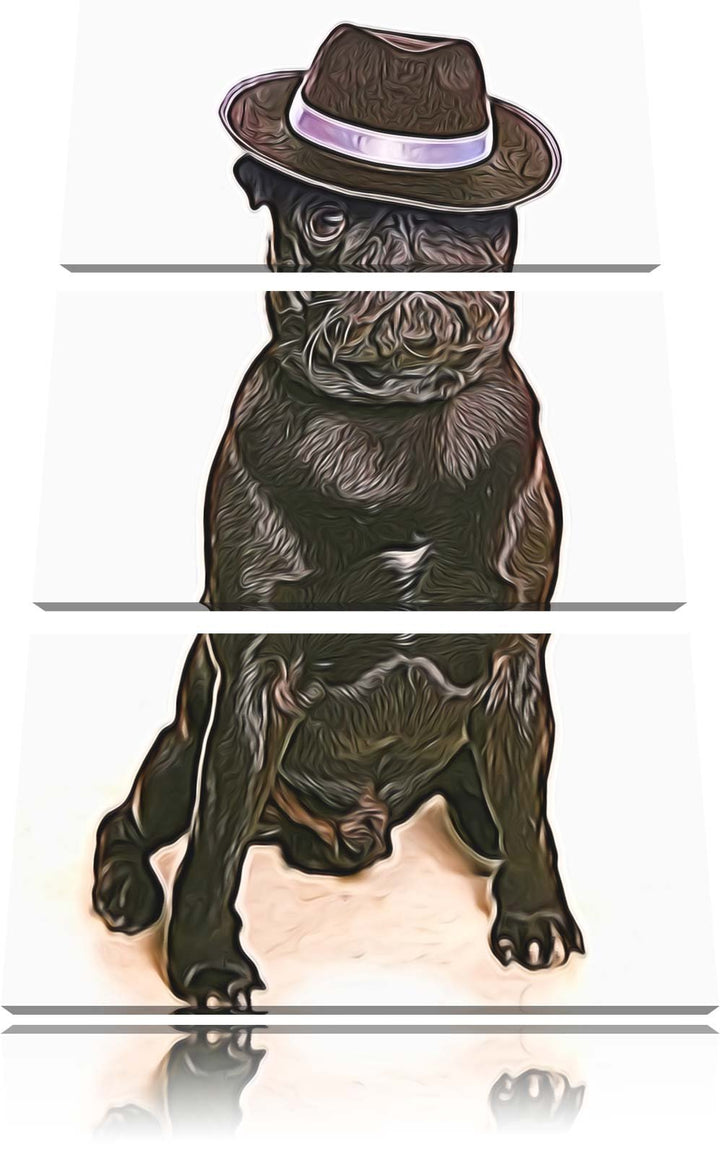 Mops mit Mafia Hut Spezial 3-Teiler Leinwandbild 120x80 Bild auf Leinwand, XXL riesige Bilder fertig
