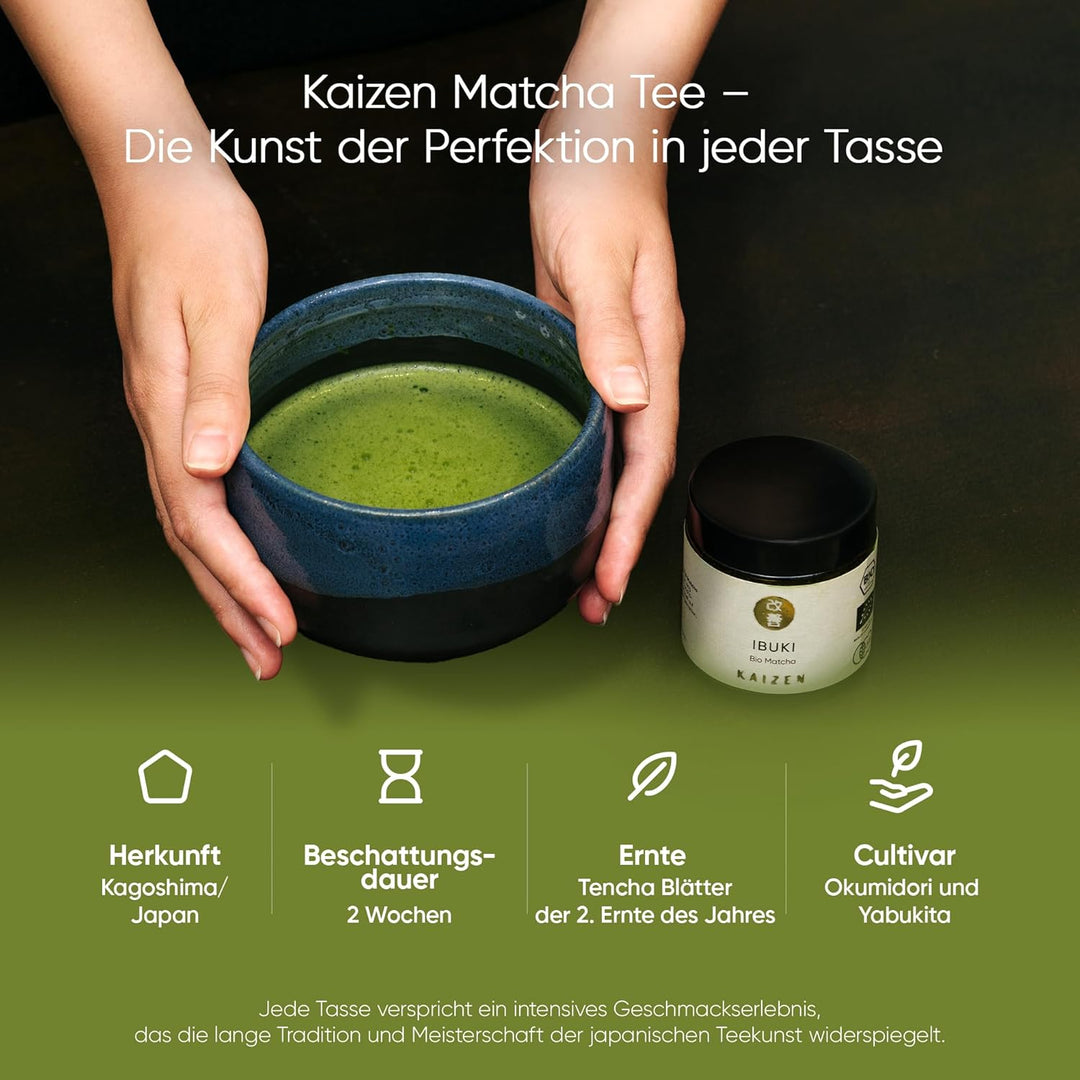 Kaizen® Ibuki Matcha Set - erlesener Premium Bio Matcha-Tee, handgefertigte Chawan-Teeschale, Besen