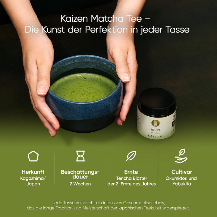Kaizen® Ibuki Matcha Set - erlesener Premium Bio Matcha-Tee, handgefertigte Chawan-Teeschale, Besen