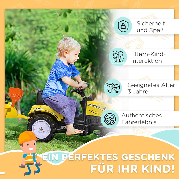 HOMCOM Trettraktor mit Anhänger Tretauto Traktor mit Anhänger ab 3 Jahre Spielzeug Kinder Gelb 133 x