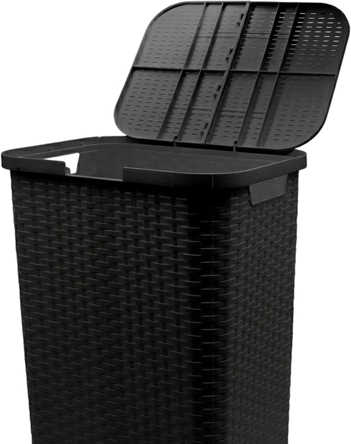 Kunststoff Wäschekorb anthrazit mit Deckel in Rattan Optik - 65 Liter - Wäschesammler in Flechtoptik