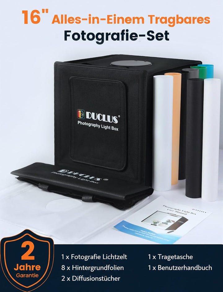 DUCLUS Fotobox 40x40 cm Faltbare Fotostudio, 5500K Dimmbare Lichtzelt Set mit 160 LED Beleuchtung un