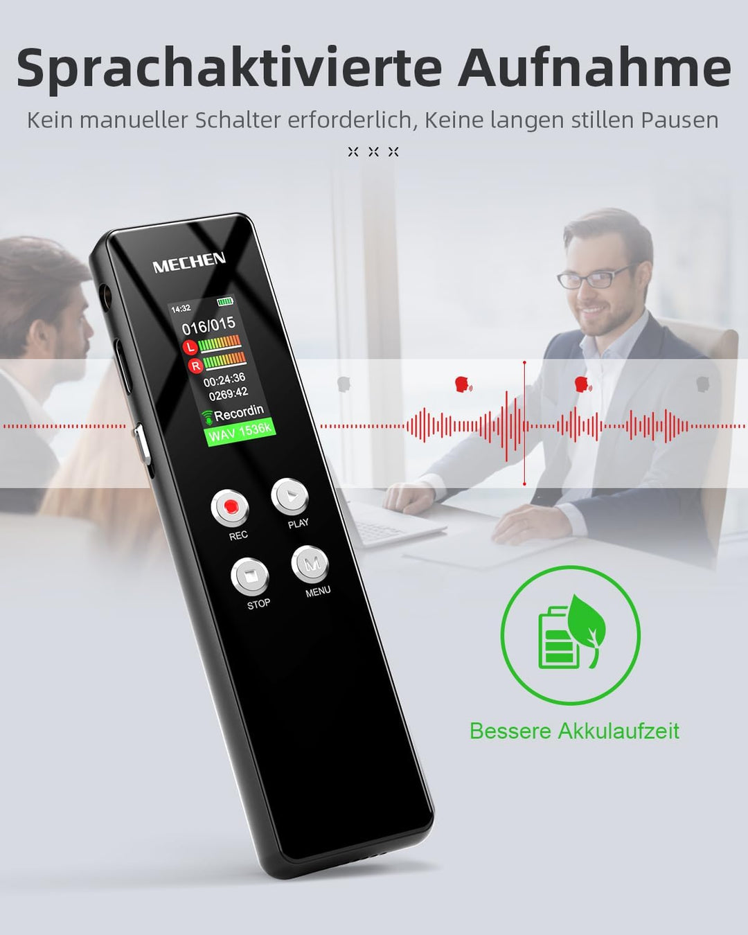 MECHEN V01 128GB Diktiergerät, Sprachrekorder VOR-Aufnahme, Passwortschutz, Automatische Rauschunter