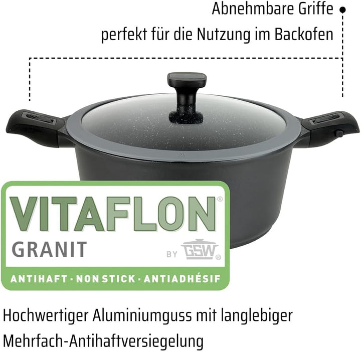 GSW 167857 Easy Click Kochtopf mit Glasdeckel und abnehmbaren Griffen, Aluminium, schwarz - ⌀24 cm 1