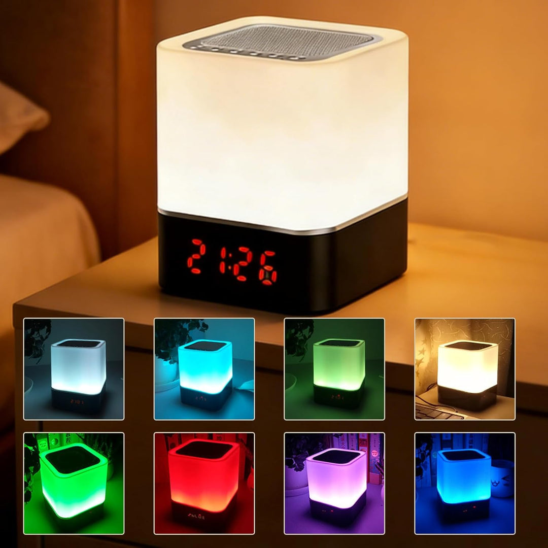 Bluetooth Lautsprecher Wecker: Bluetooth Lautsprecher mit Uhr, Wecker und LED Nachttischlampe, Touch