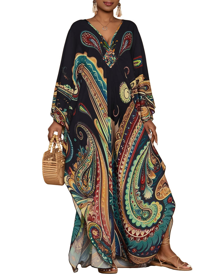 Bsubseach Damen Strandkleid Ethnic Print Kaftan Beach Maxi Kleider A-Schwarz, A-Schwarz