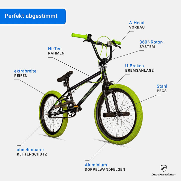 Bergsteiger Halifax 20 Zoll BMX, Fatbike, 360° Rotor-System, Freestyle, 2 Stahl Pegs, Kettenschutz,