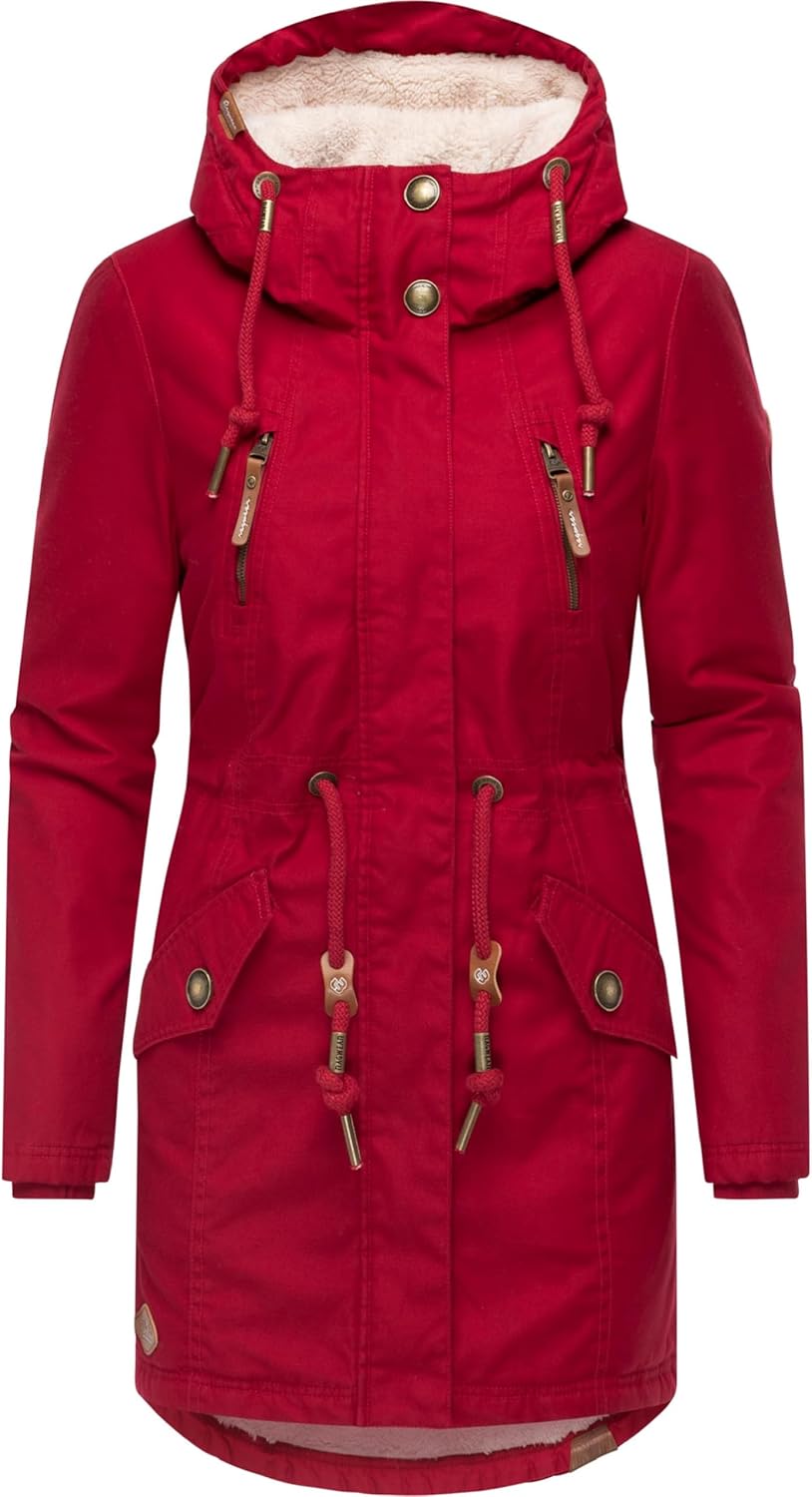 Ragwear Damen Mantel lange warme Winterjacke mit Teddyfell-Kapuze Elsie Intl XS-6XL S Dark Red25, S