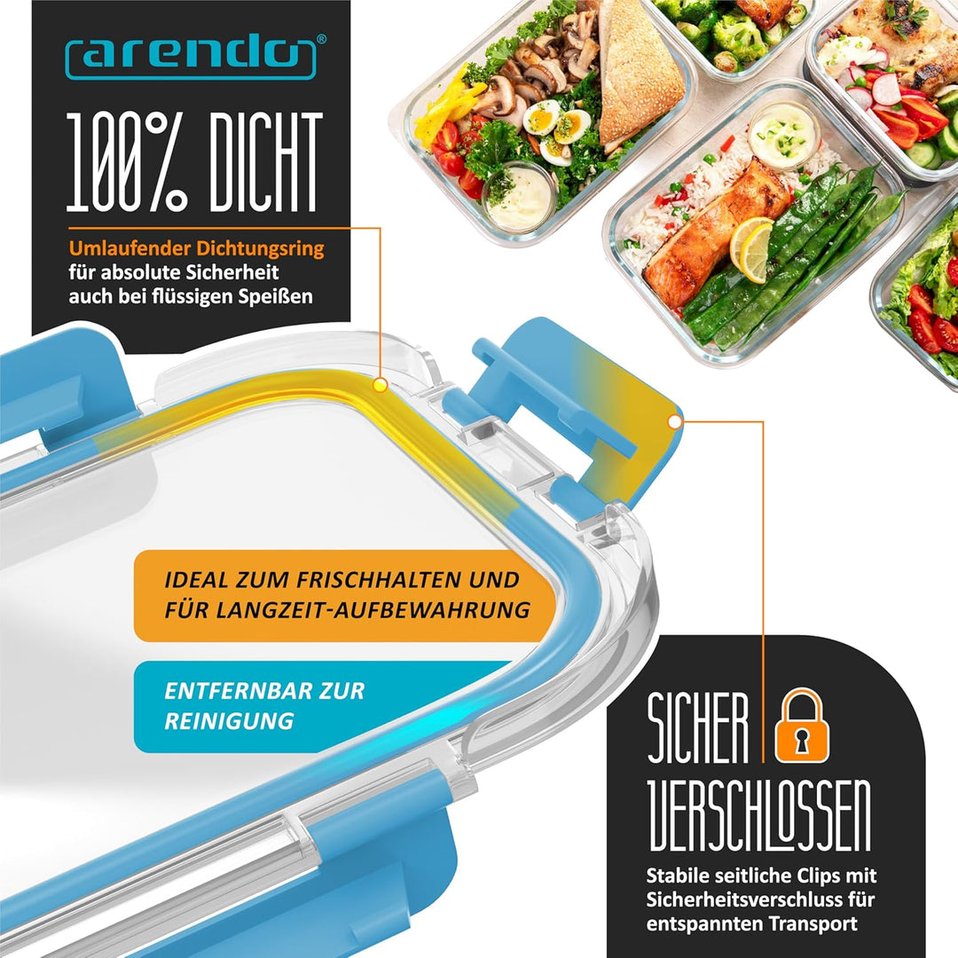 Arendo - Lunchboxen Glas - Frischhaltedosen für Lebensmittel mit Deckel luftdicht - 5er Set - 1000 m