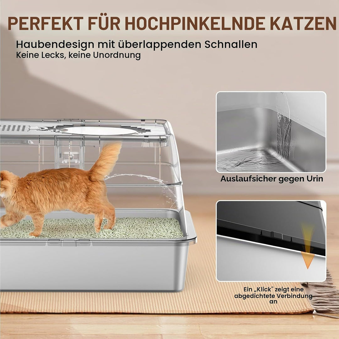 Edelstahl Katzenklo XXL aus V2A – 62 cm Geschlossene Katzentoilette mit 160° Klappdeckel, 3-in-1 Des