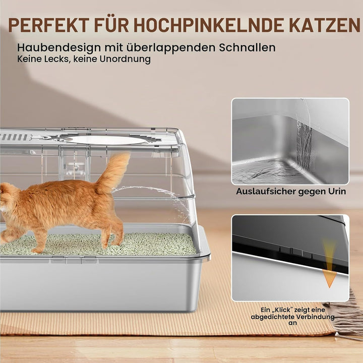 Edelstahl Katzenklo XXL aus V2A – 62 cm Geschlossene Katzentoilette mit 160° Klappdeckel, 3-in-1 Des