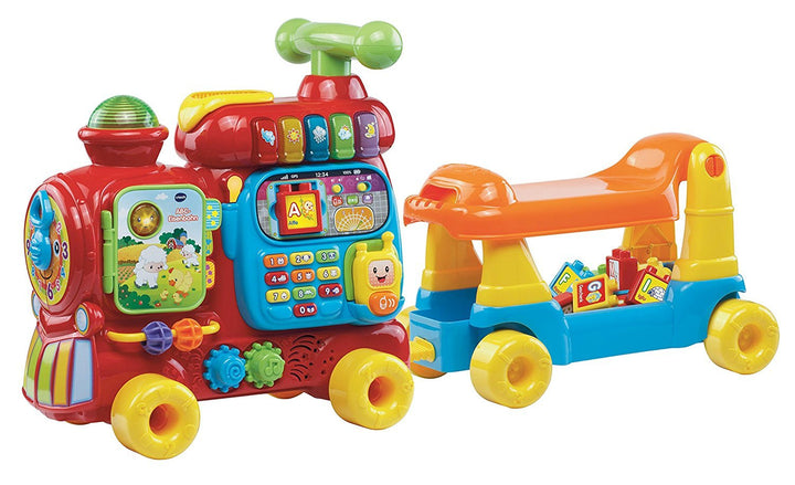 VTech Baby ABC-Eisenbahn – Rutschfahrzeug, Zieh- oder Laufwagen und Spielboard mit Zahlen, Buchstabe