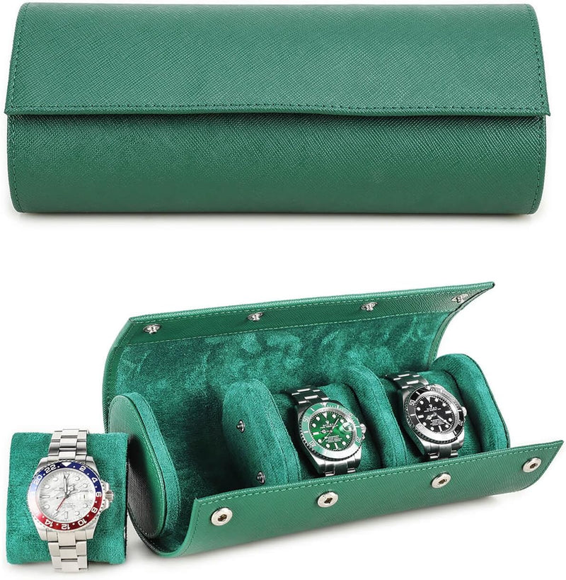 Hiram Uhrenkoffer aus echtem Leder für 3 Uhren, handgefertigt, echtes Saffiano-Leder, Reiseuhr, trag
