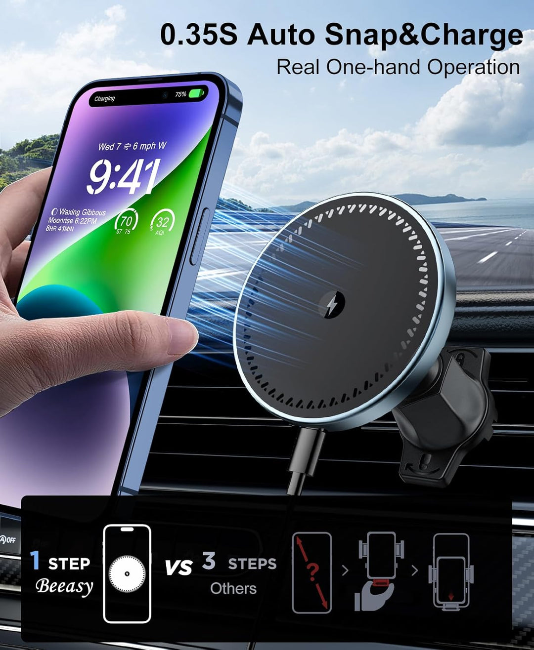 Beeasy 15W MagSafe Autohalterung Ladegerät, Magnet Auto Handyhalterung mit Ladefunktion, Kfz Qi Lade