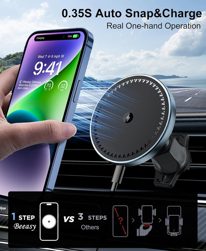 Beeasy 15W MagSafe Autohalterung Ladegerät, Magnet Auto Handyhalterung mit Ladefunktion, Kfz Qi Lade