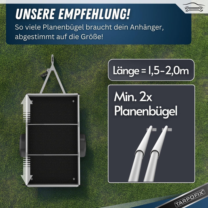 Tarpofix® Anhängerplane Flachplane 140 x 105 x 7,5 cm + 2x Planenbügel (verstellbar 100-145 cm) - ra