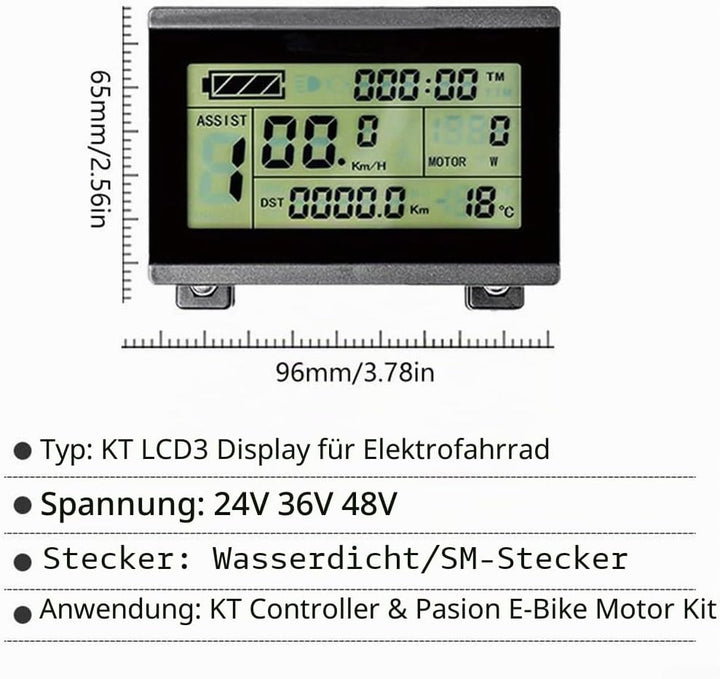 E-Bike Pedelec Display KT-LCD 3 mit Bedienfeld, wasserdichter Anschluss
