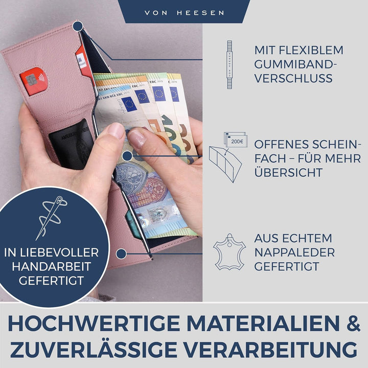 VON HEESEN Leder Slim Wallet - Geldbeutel mit RFID Schutz - Mini Geldbörse für Herren und Damen - Ka