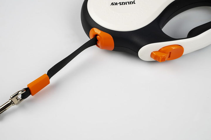Julius-K9 Rollleine, M - 5 m Band, Weiss/Orange – Rutschfester Griff, Bandleine, ausziehbar, Einhand