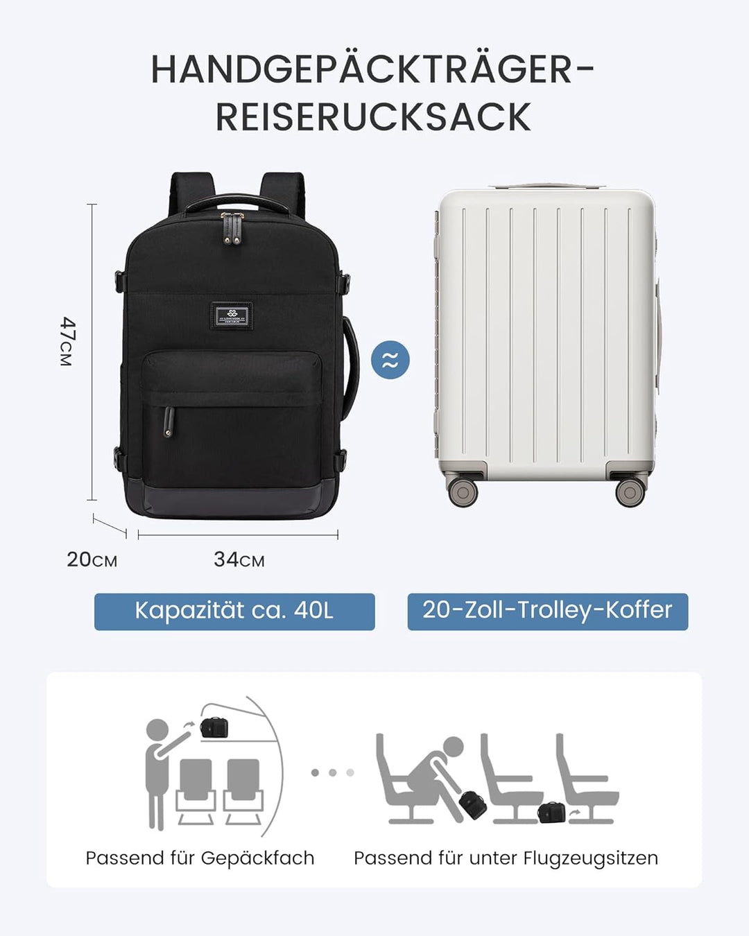 LOVEVOOK Rucksack Handgepäck Flugzeug, Reiserucksack Herren Damen Gross, 40L Cabin Bag Bordgepäck Ru