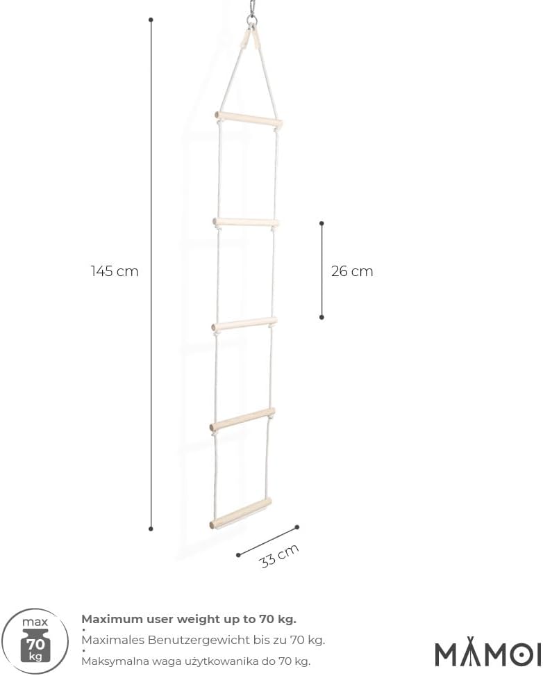 MAMOI® Strickleiter/Dreieck Hänge Leiter, Nachhaltig Hängeleiter aus natürlichem Holz und Baumwollko
