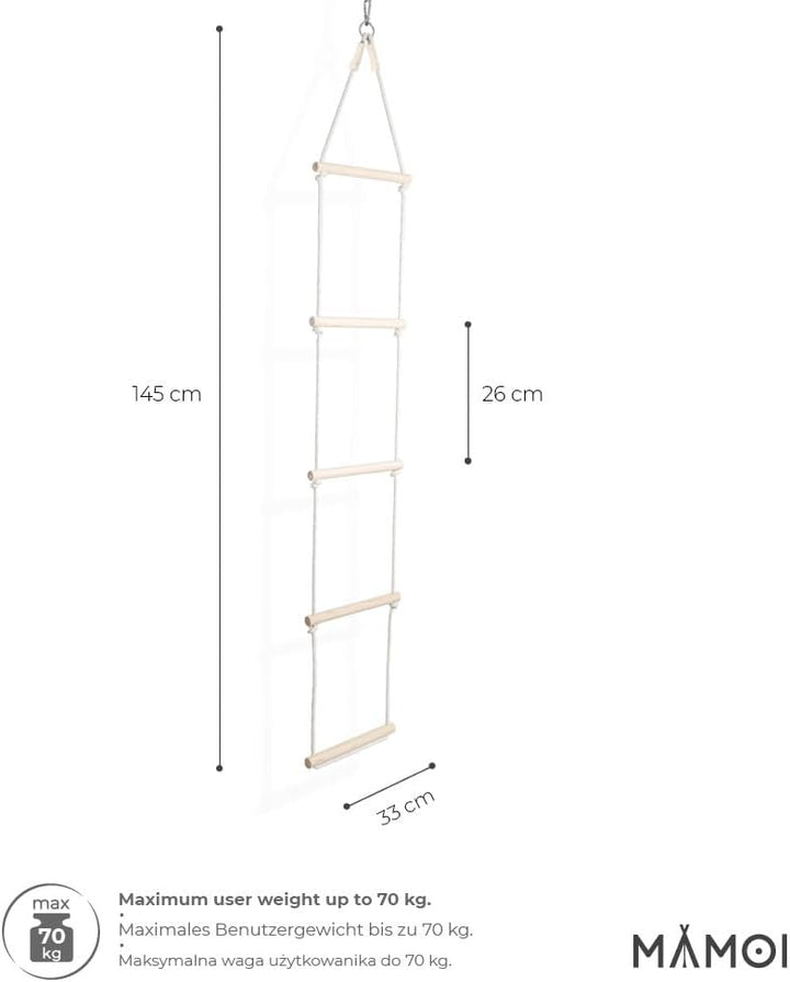MAMOI® Strickleiter/Dreieck Hänge Leiter, Nachhaltig Hängeleiter aus natürlichem Holz und Baumwollko