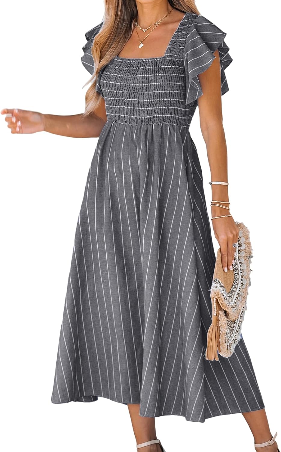 CUPSHE Damen Sommerkleid Quadratischer Ausschnitt Volantärmel Nadelstreifen A Linie Gesmoktes Maxikl