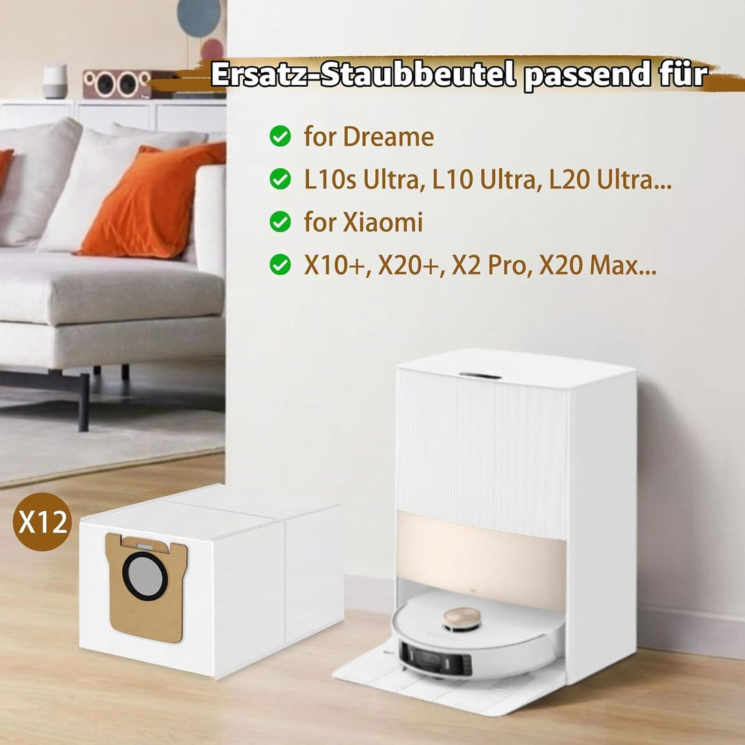 12 Stück Staubsaugerbeutel für Xiaomi X10+/X20+/Pro/Max/5/5 Pro für Dreame L20/L10s/L10/L10s Pro/L50