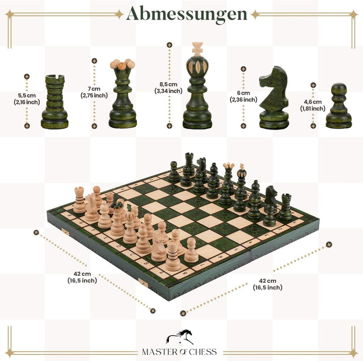 Handgefertigt Schachbrett Holz Klappbar | Master of Chess Schachspiel Holz Grüne | Chess Set 42cm |