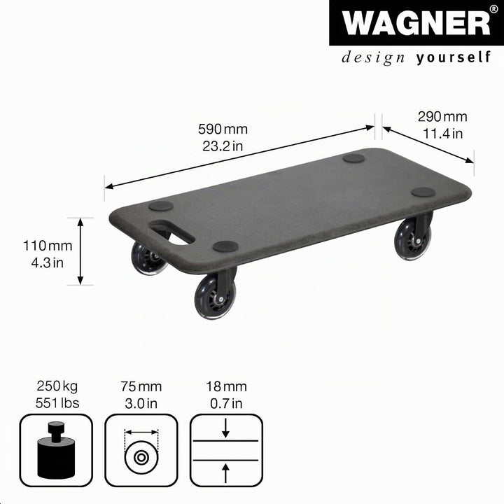 WAGNER Transportroller Transporthilfe I Plattformwagen schwarz für Möbel aus MDF I 57,5 x 30 x 11 cm