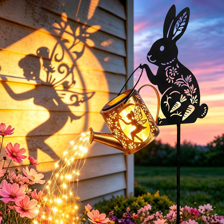 Solargiesskanne-Licht mit Hasen-Silhouette-Stecker & Feendesign – Kaskaden-LED-Lichterkette für Gart