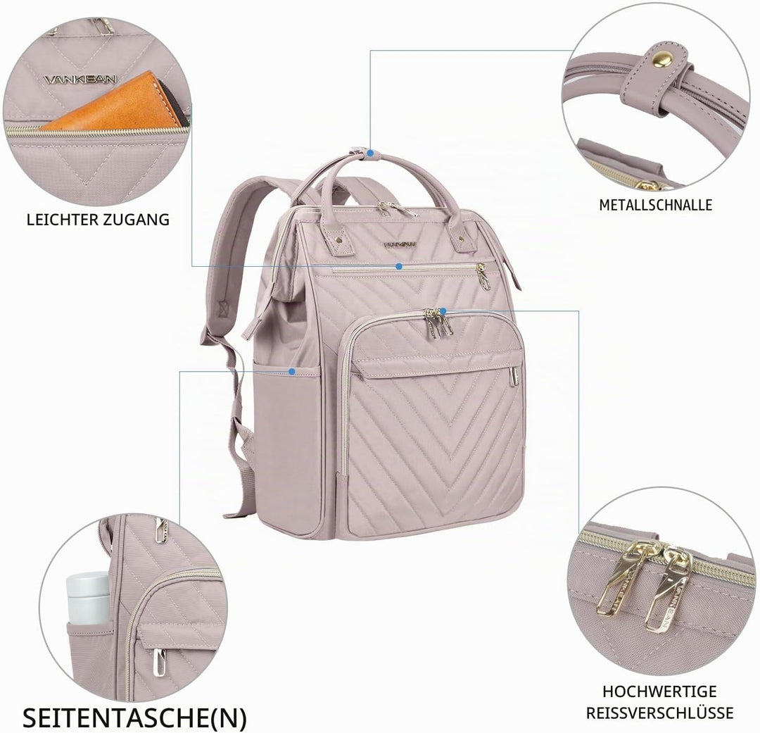 VANKEAN 15.6 Zoll Laptop Rucksack,Rosa,Rucksack Damen | Computer Arbeitstasche, Grosse Kapazität, Wa