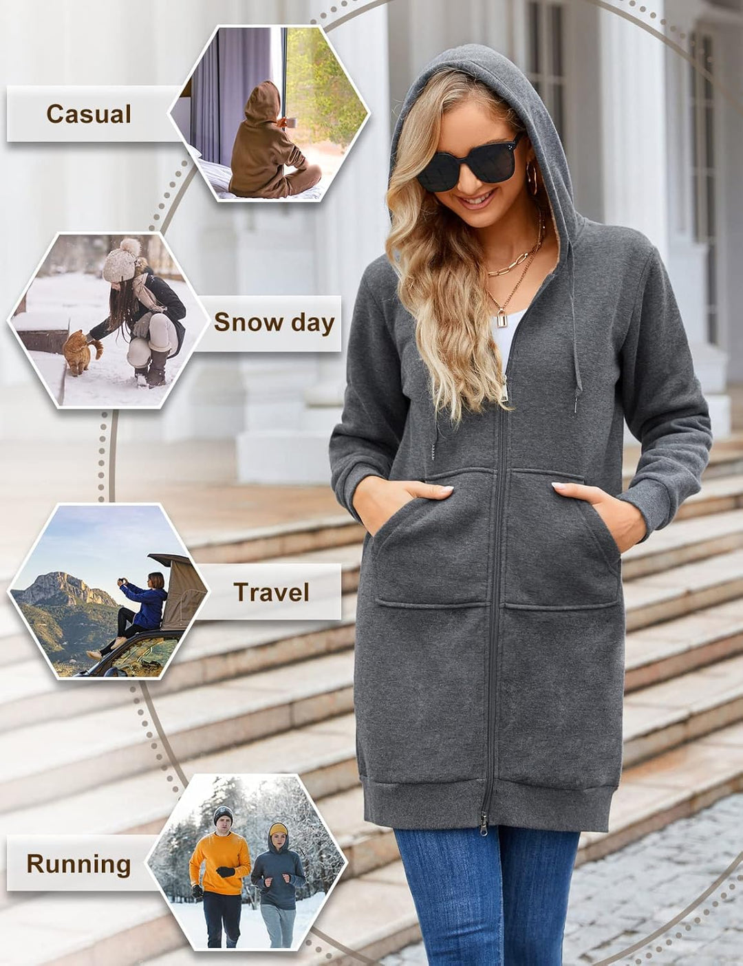 RITOSTA Damen Hoodie Fleecejacke Kapuzenjacke mit Zip Winterjacke Lang Sweatjacke Warme Plüschjacke
