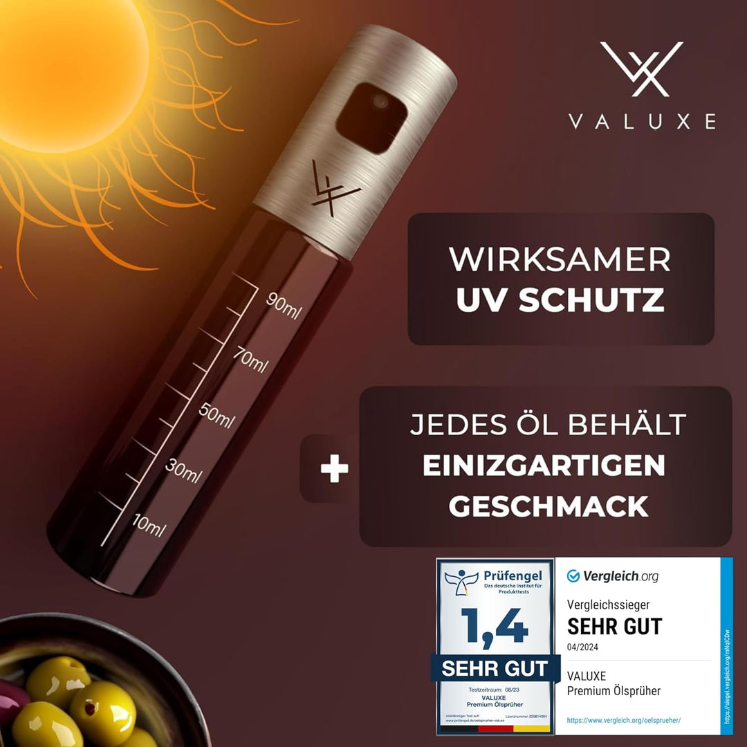 VALUXE® Ölsprüher für Speiseöl und Essig mit UV-Schutz Glas & Sprühfilter - 2er Set Edelstahl Öl-Spr