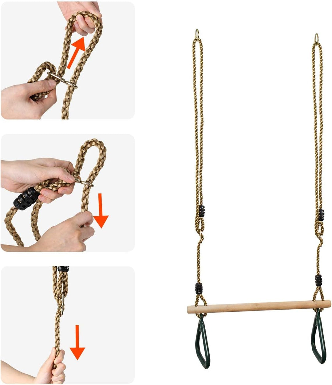 Leogreen Kinder Holz Trapeze Schaukel mit Kunststoff Turnringe, Aufhängen belastbar bis 150KG, Schau