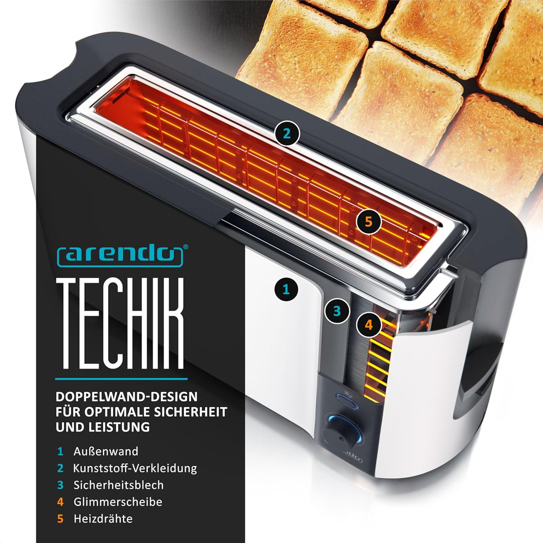 Arendo - Toaster Langschlitz 2 Scheiben - Defrost Funktion - 1000W - Doppelwandgehäuse - Integrierte