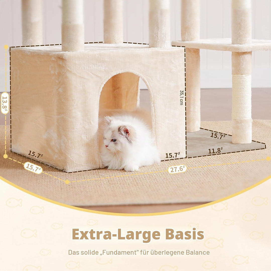 Heybly Kratzbaum 120cm - Grosser Katzenbaum für Erwachsene Katzen mit XL-Basis, Katzenwohnung mit Me