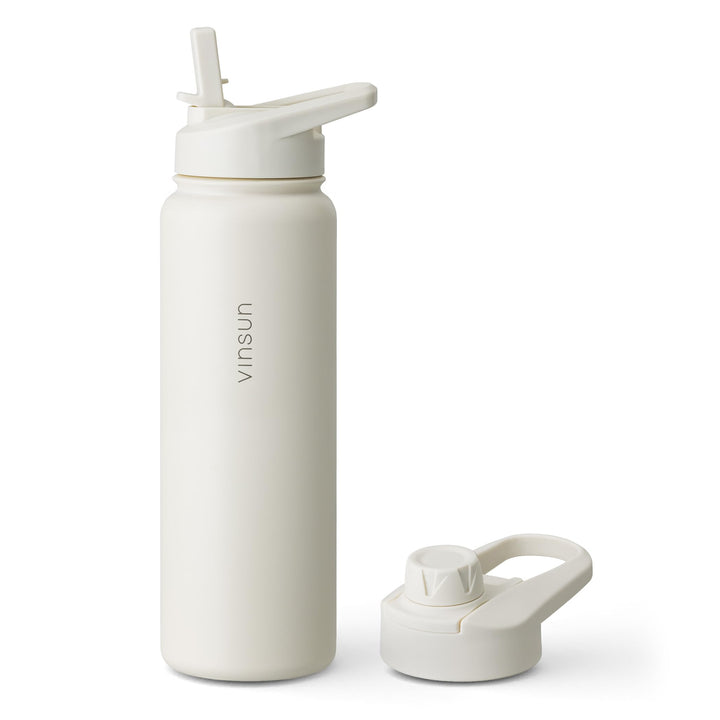 Vinsun Trinkflasche Edelstahl creme 750ml - auslaufsicher, Kohlensäure geeignet, BPA frei - Strohhal