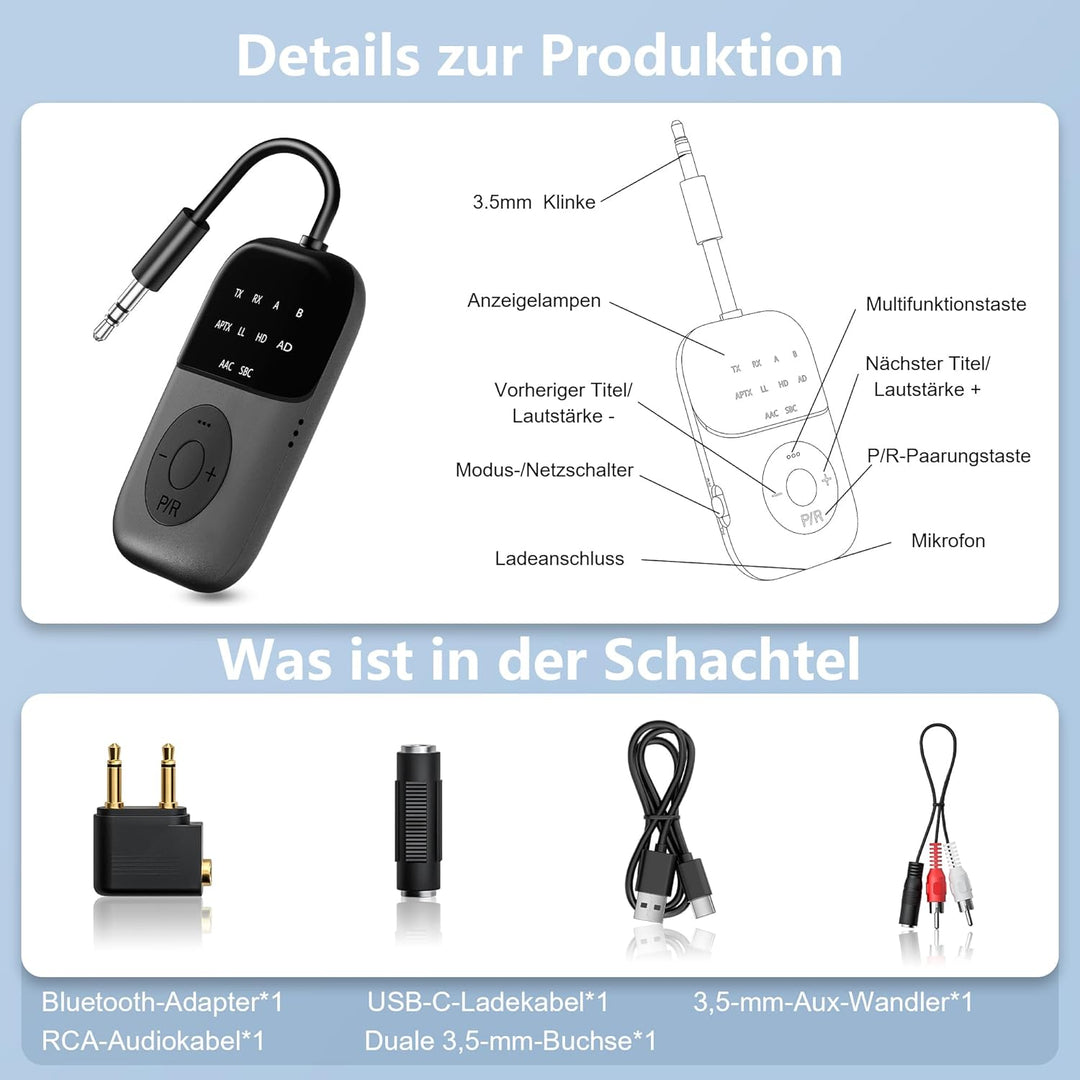 SOARUN 2-IN-1 Bluetooth 5.4 Adapter Transmitter, 24H Spielzeit, aptX Low Latency Airfly Gadgets, Blu