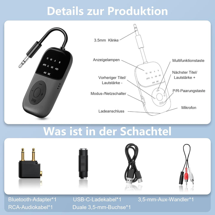 SOARUN 2-IN-1 Bluetooth 5.4 Adapter Transmitter, 24H Spielzeit, aptX Low Latency Airfly Gadgets, Blu
