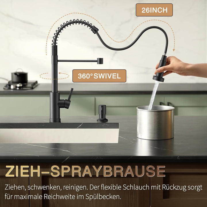 Wasserhahn Küche Schwarz - Hochdruck Küchenarmatur Ausziehbar - 360°Drehbar 3 Sprühfunktionen - Spir